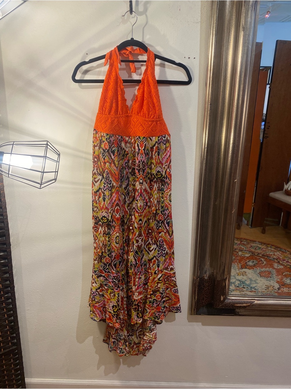 OOAK Upcycled Orange Swim Crochet Halter Maxi Dress with Multi Ikat Print